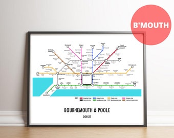Impresión de mapa de metro personalizable de Bournemouth y Poole, Dorset: regalo de arte mural con mapa callejero de transporte moderno