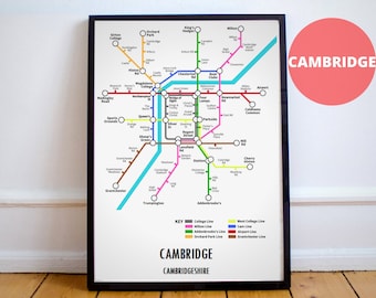 Cambridge Underground Style Transport Street Map Print Poster A3 A4 Modern GIFT Art