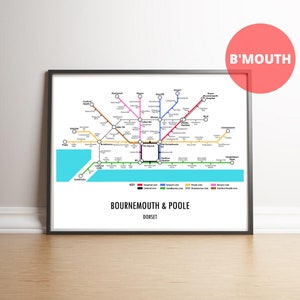 Bournemouth & Poole Dorset Underground Style Transport Street Map Print Poster A3 A4 Modern GIFT Art