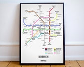 Norwich Norfolk Underground Style Transport Street Map Print Poster A3 A4 Modern GIFT Art