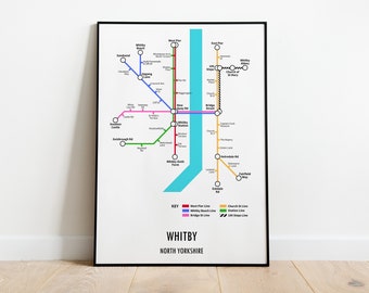 Whitby, North Yorkshire Customisable underground style metro Map Print – Modern Transport Street Map Wall Art Gift