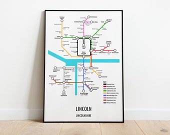 Lincoln Lincolnshire Underground Style Transport Street Map Print Poster A3 A4 Modern GIFT Art
