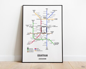 Grantham Lincolnshire Metro Map Print, Modern Wall Art Gift