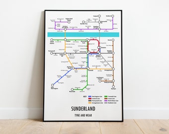 Sunderland Underground Style Transport Street Map Print Poster A3 A4 Modern GIFT