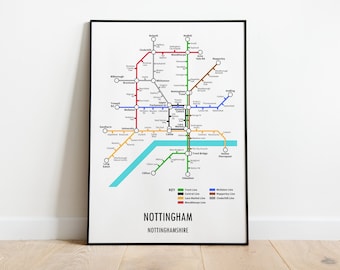 Impresión de mapa de metro personalizable de Nottingham, Nottinghamshire: regalo de arte mural con mapa de calles de transporte moderno