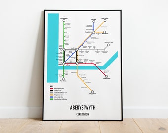 Impresión de mapa de metro personalizable de Aberystwyth, Gales: mapa de transporte moderno, arte mural, regalo