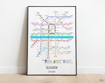 Glasgow Scotland Underground Style Transport Street Map Print Poster A3 A4 Modern GIFT Art