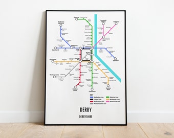 Derby Derbyshire East Midlands Underground Style Transport Street Map Print Poster A3 A4 Modern GIFT Art