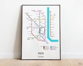 Perth, Scotland Customisable underground style metro Map Print – Modern Transport Street Map Wall Art Gift