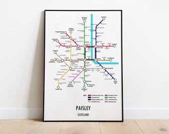 Paisley Scotland Metro Map Print, Modern Wall Art Gift