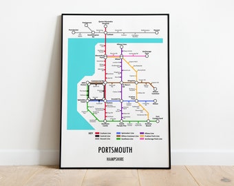 Portsmouth Hampshire Underground Style Transport Street Map Print Poster A3 A4 Modern GIFT Art