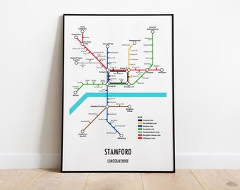 Impresión del mapa del metro de Stamford, Reino Unido, arte mural moderno, personalizable