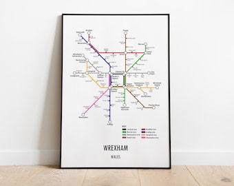 Wrexham Wales Metro Map Print, Modern Underground Style Wall Art