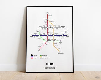 Mapa del metro personalizable de Hedon, East Yorkshire, estilo Underground – Arte mural moderno con mapa de calles de transporte