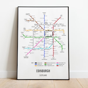 Edinburgh Midlothian Scotland Underground Style Transport Map Art Print Metro train style framed picture with coloured tube lines and recognisable stations locations.