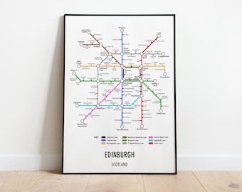 Edinburgh Midlothian Scotland Underground Style Transport Street Map Print Poster A3 A4 Modern GIFT Art