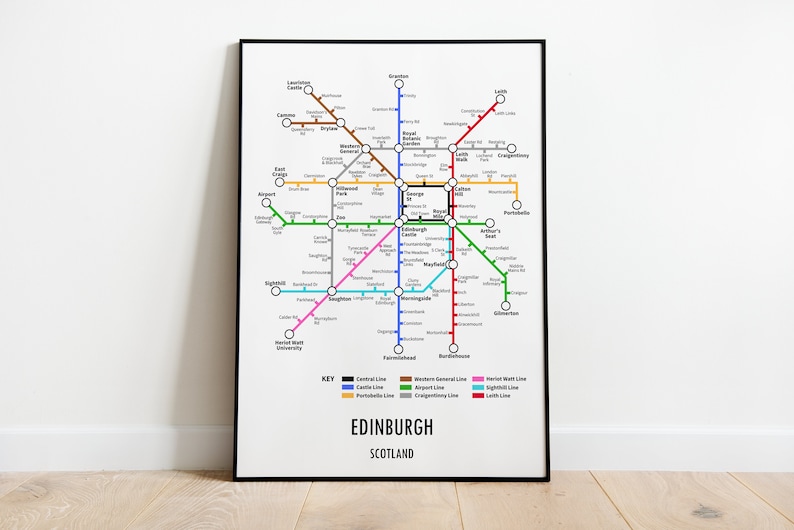 Edinburgh Midlothian Scotland Underground Style Transport Map Art Print Metro train style framed picture with coloured tube lines and recognisable stations locations.