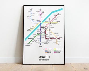Doncaster, South Yorkshire Customisable underground style metro Map Print – Modern Transport Street Map Wall Art Gift