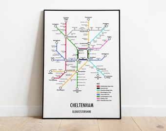 Impresión de mapa de metro personalizable de Cheltenham, Gloucestershire: regalo de arte mural con mapa callejero de transporte moderno