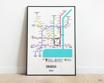 Impresión del mapa del metro de Swansea, Gales, estilo moderno de metro, arte mural de transporte