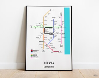 Hornsea, East Yorkshire Customisable underground style metro Map Print – Modern Transport Street Map Wall Art Gift