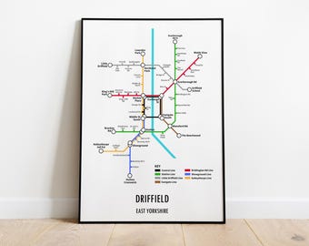 Driffield, East Yorkshire Customisable underground style metro Map Print – Modern Transport Street Map Wall Art Gift