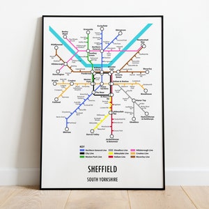 Sheffield Underground Style Transport Street Map Print Poster A3 A4 Modern GIFT Art image 1