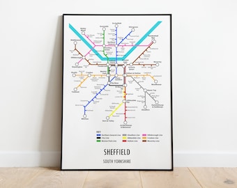 Impresión del mapa del metro de Sheffield, estilo moderno de metro, arte de viaje personalizable
