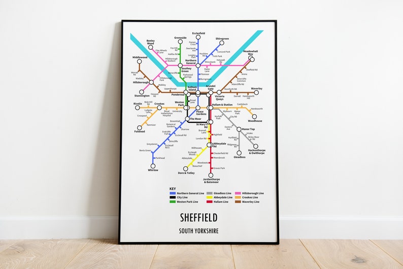 Sheffield Underground Style Transport Street Map Print Poster A3 A4 Modern GIFT Art image 1