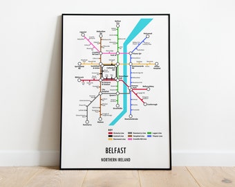 Belfast, Northern Ireland Customisable underground style metro Map Print – Modern Transport Street Map Wall Art Gift