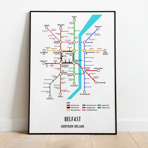 Belfast Northern Ireland Underground Style Transport Street Map Print Poster A3 A4 Modern GIFT Art