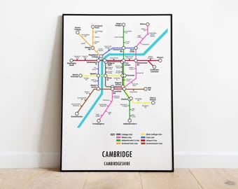 Cambridge, Cambridgeshire Customisable underground style metro Map Print – Modern Transport Street Map Wall Art Gift