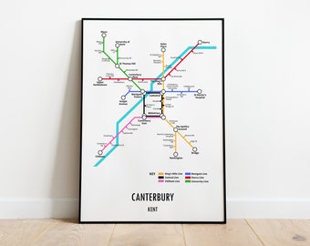 Canterbury Kent Underground Style Transport Street Map Print Poster A3 A4 Modern GIFT Art