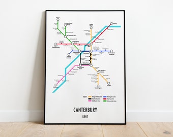 Impresión de mapa de metro personalizable de Canterbury, Kent: regalo de arte mural con mapa callejero de transporte moderno