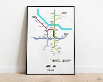 Impresión de mapa de metro personalizable de Stirling, Escocia: regalo de arte mural con mapa callejero de transporte moderno