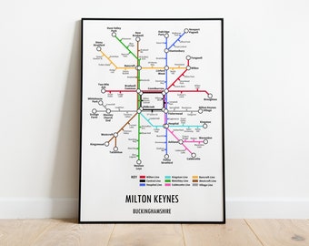 Impresión de mapa de metro personalizable de Milton Keynes, Buckinghamshire: regalo de arte mural con mapa callejero de transporte moderno