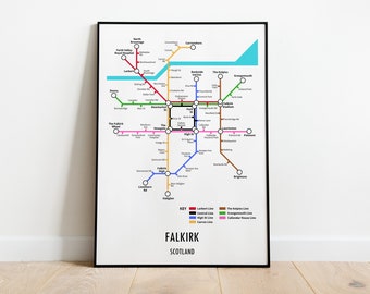 Impresión del mapa del metro de Falkirk, Escocia, arte mural moderno