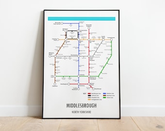 Middlesbrough, North Yorkshire Customisable underground style metro Map Print – Modern Transport Street Map Wall Art Gift