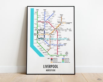 Impresión del mapa del metro de Liverpool, arte mural personalizado de estilo subterráneo