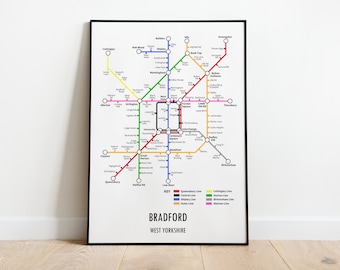 Bradford West Yorkshire Underground Style Transport Street Map Print Poster A3 A4 Modern GIFT Art