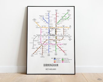 Birmingham West Midlands Underground Style Transport Street Map Print Poster A3 A4 Modern GIFT Art