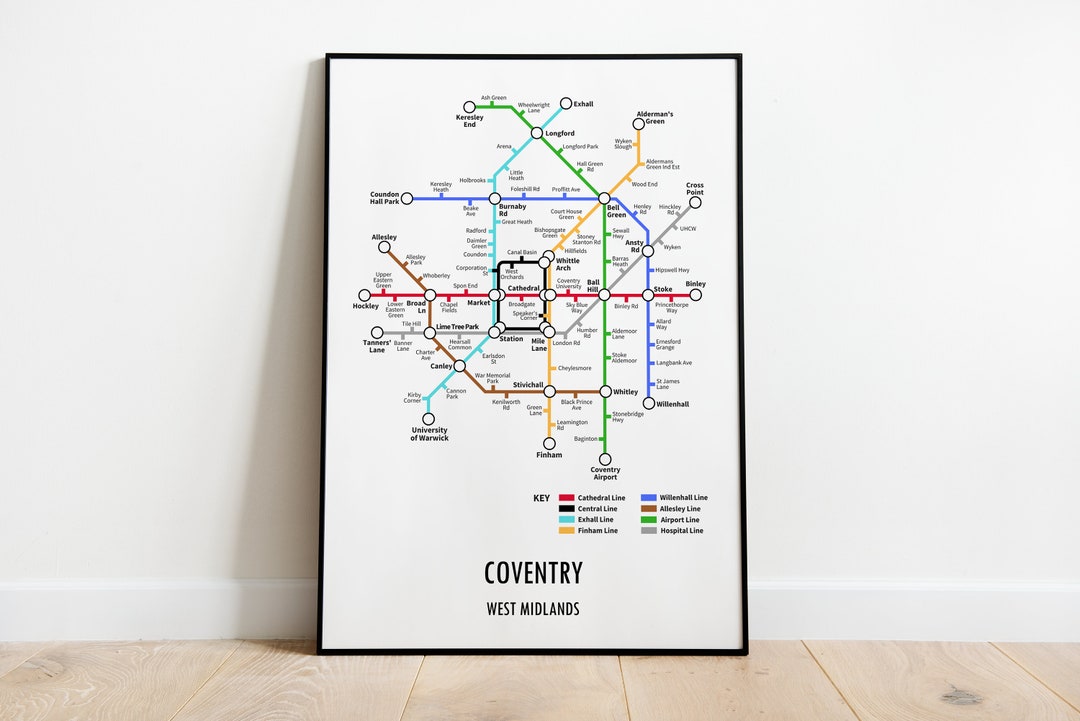 Coventry West Midlands Underground Style Transport Street Map Print