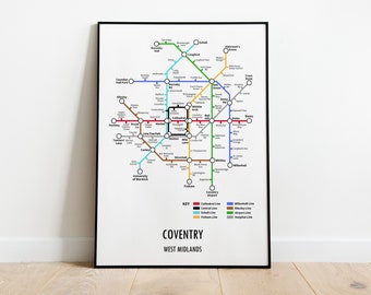 Coventry West Midlands Underground Style Transport Street Map Print Poster A3 A4 Modern GIFT Art