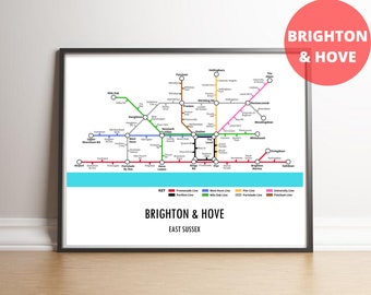 Impresión de mapa de metro personalizable de Brighton & Hove, Sussex: regalo de arte mural con mapa callejero de transporte moderno