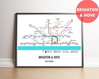 Brighton & Hove Sussex Underground Style Transport Street Map Print Poster A3 A4 Modern GIFT Art