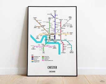 Chester UK Metro Map Print, Modern Underground Style Wall Art