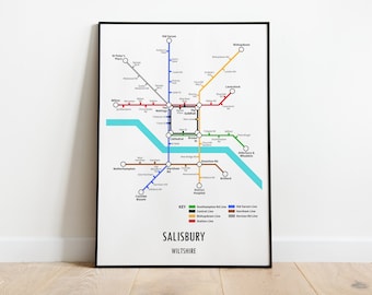 Salisbury Wiltshire Underground Style Transport Street Map Print Poster A3 A4 Modern GIFT Art