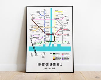 Impresión del mapa del metro de Kingston upon Hull, arte mural moderno