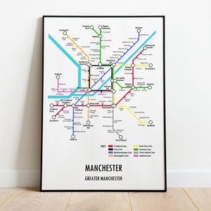 Manchester Greater Manchester North West Underground Style Transport Street Map Print Poster A3 A4 Modern GIFT Art