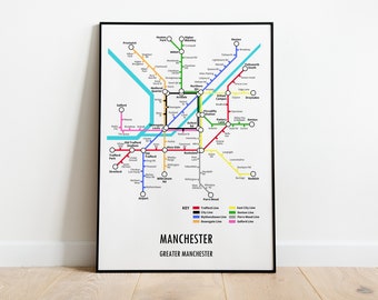 Manchester Greater Manchester North West Underground Style Transport Street Map Print Poster A3 A4 Modern GIFT Art